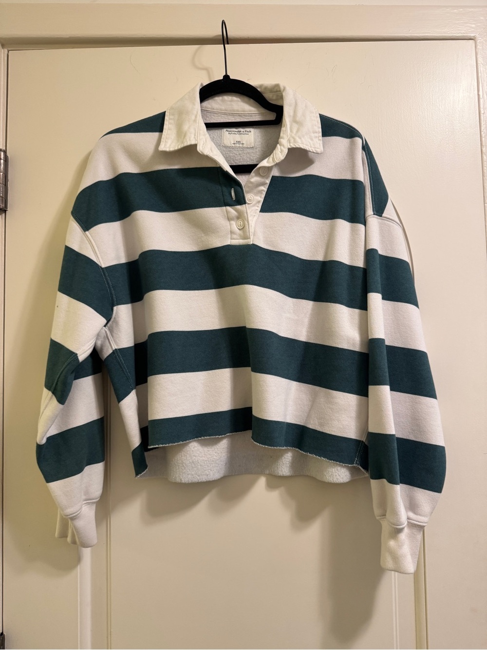 Abercrombie Cropped Rugby Sweatshirt Green White Striped Collared XXS